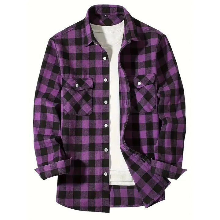 Mens Shirts Fashion Classic Plaid Cardigan Casual Shirt Long Sleeve Chest Two Pockets Turn-Down Collar Spring Autumn Men Tops