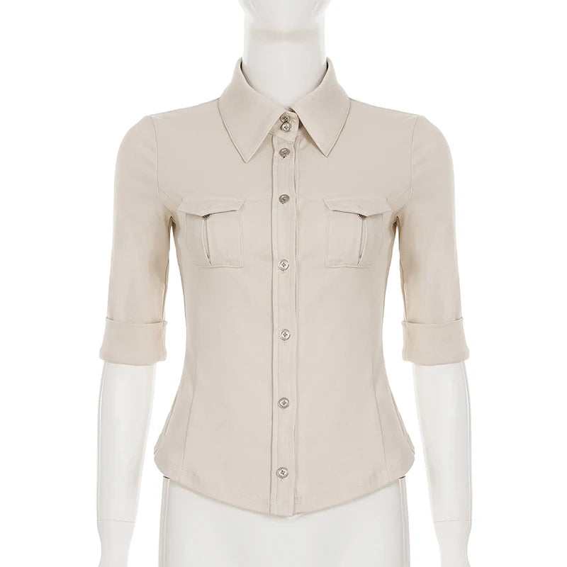 Half Sleeve Button Up Shirts for Woman Clothing Japanese 2000s Style Y2k Tops Harajuku Fashion Blouse