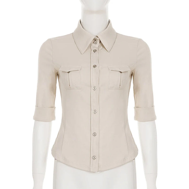 Half Sleeve Button Up Shirts for Woman Clothing Japanese 2000s Style Y2k Tops Harajuku Fashion Blouse