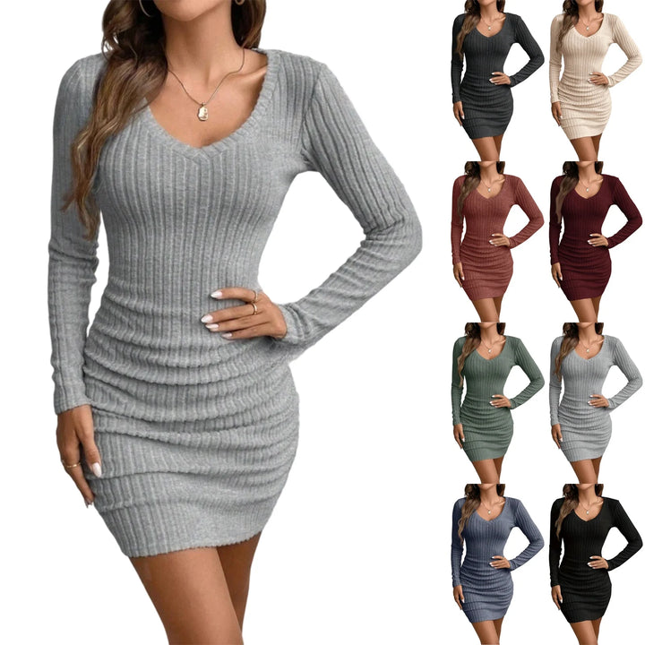 Women's Dresses Fall Winter Ribbed Knitted Slim Plain Sexy V-Neck Bodysuit Mini Casual Long Sleeve Short Dresses ropa de mujer