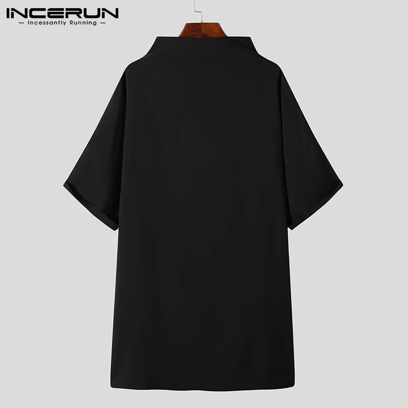 Handsome Well Fitting Men's Casual Shirts Solid Color Turtleneck Half Sleeve Button Up Camisa Masculina S-5XL INCERUN Tops 2023
