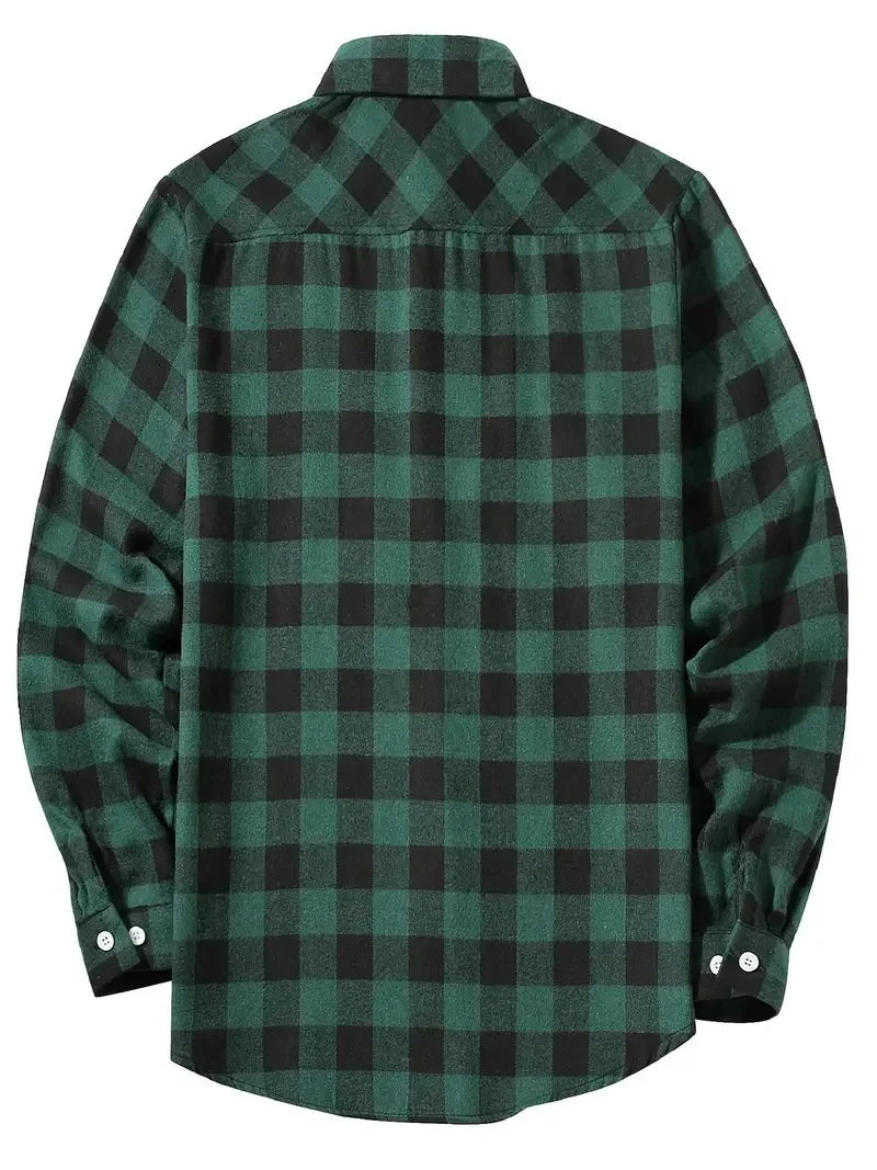 Mens Shirts Fashion Classic Plaid Cardigan Casual Shirt Long Sleeve Chest Two Pockets Turn-Down Collar Spring Autumn Men Tops