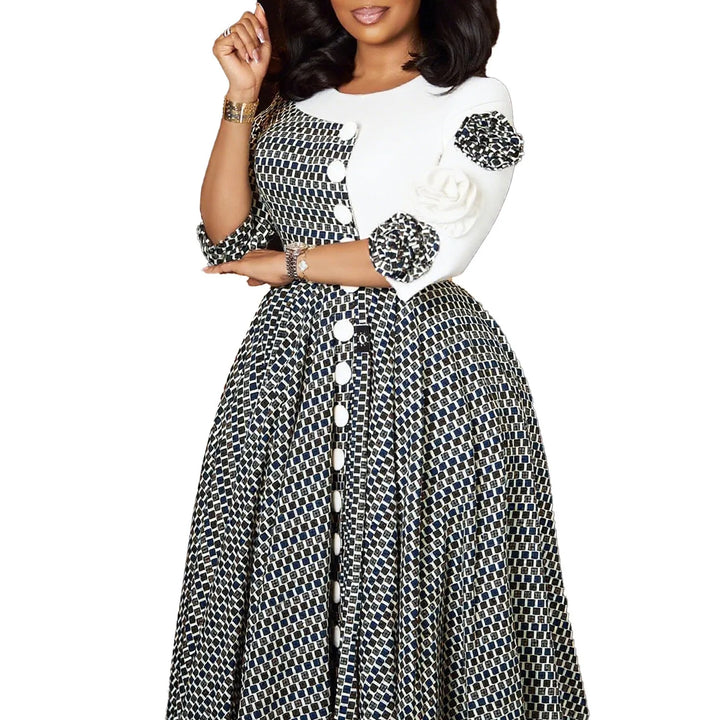 Elegant Dresses for Women O Neck Half Sleeve High Waisted Pleated Mid Calf Fashion Printed Luxury Birthday Party Dinner Dress