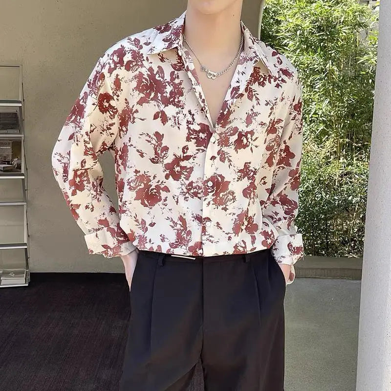 Men's Floral Shirt Men's Style New Long-sleeved Spring Autumn High-end Ice Silk Casual Loose