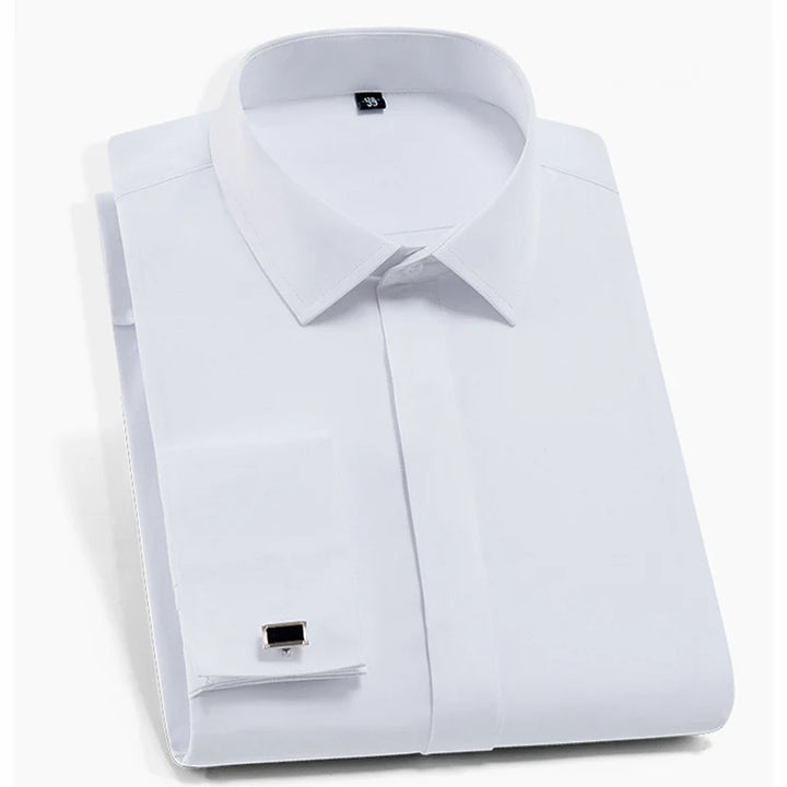 French Shirts for Men Covered Button Solid Plain Long Sleeve Business Party Tuxedo Men Dress Shirt with French Cufflinks