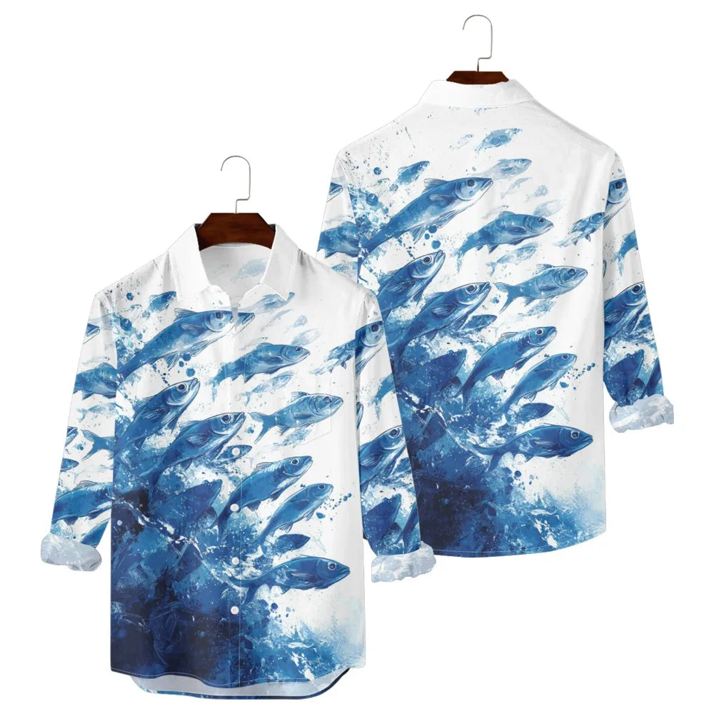 قميص رجالي مطبوع عليه سمك هاواي - قميص كاجوال بأكمام طويلة