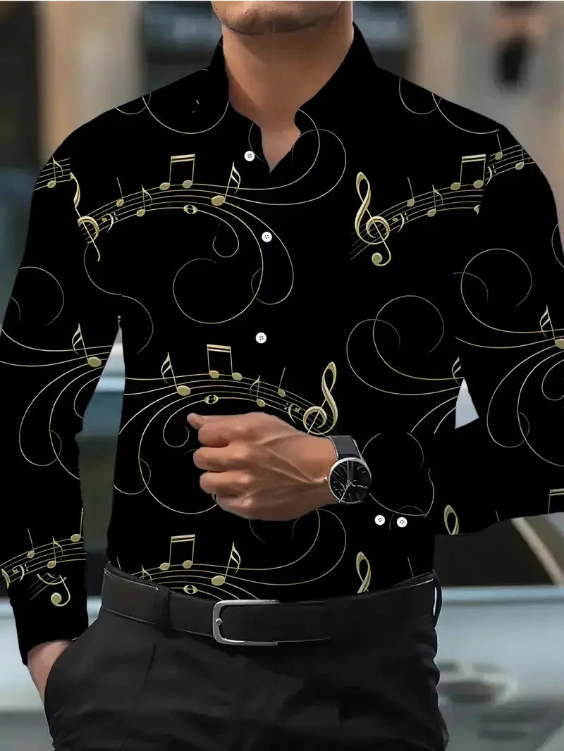 Men's Shirt Spring Autumn New Long Sleeve Shirt Music Flip-over Hawaiian Shirt Fashion Design Elements Flowers