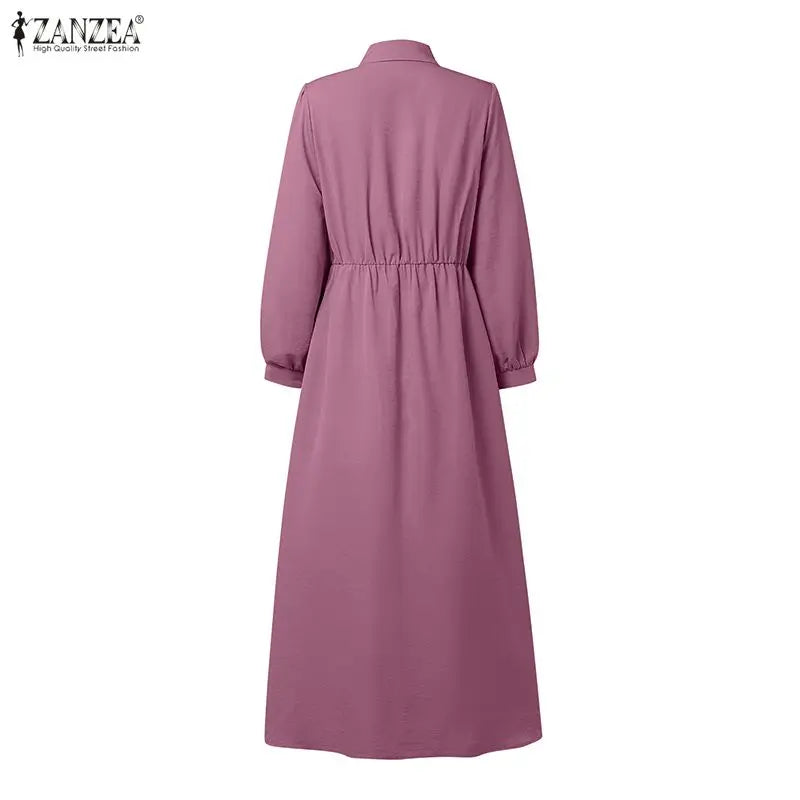 ZANZEA Fashion Muslim Dresses Abaya Ramadan Robe Fake 2 Pieces Women Elegant Long Sleeve Pleated Sundress Dubai Casual Kaftan