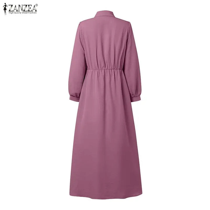 ZANZEA Fashion Muslim Dresses Abaya Ramadan Robe Fake 2 Pieces Women Elegant Long Sleeve Pleated Sundress Dubai Casual Kaftan