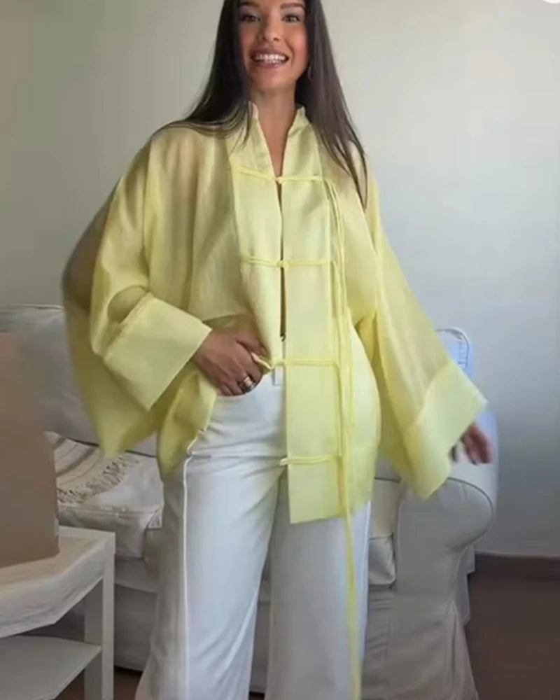 Women's Shirt 2026 New Fashion Summer Solid Color Oversize Rope Knot Detail Draped Shirt for Women Loose Chic Ladies Shirt Top