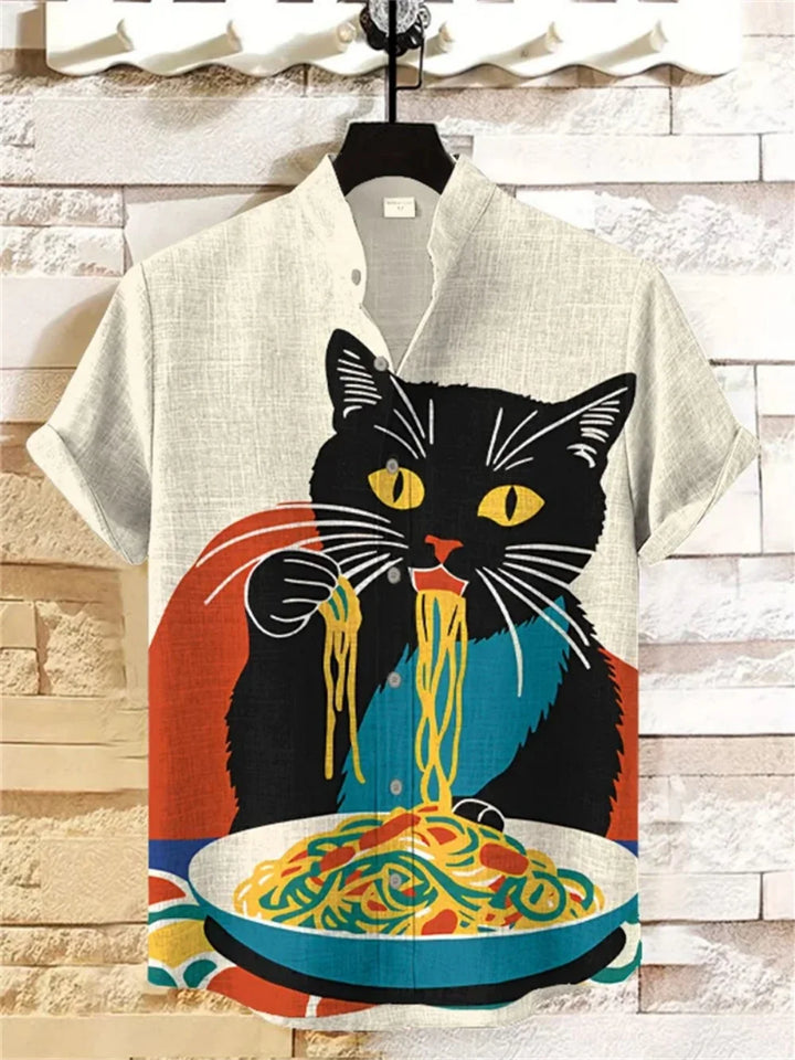 Men's Printed Short Sleeve Shirt Fashionable Casual Outdoor Breathable Linen Stand up Collar for Social Parties