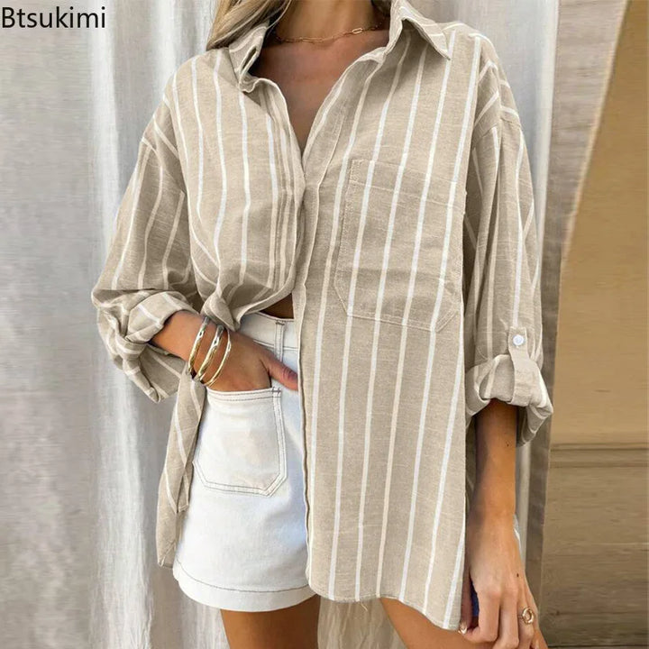 2026 Casual Loose Striped Shirts for Women Spring Summer Fashion Vintage Lapel Long Sleeve Tops Ladies Elegant Versatile Blouses