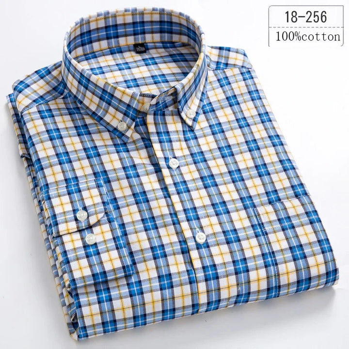 New in Shirt 100% Cotton Long-Sleeve Shirts for Men Slim Fit Plain Shirt Thin Plaid Striped Tops Fashion Elegants Office Clothes