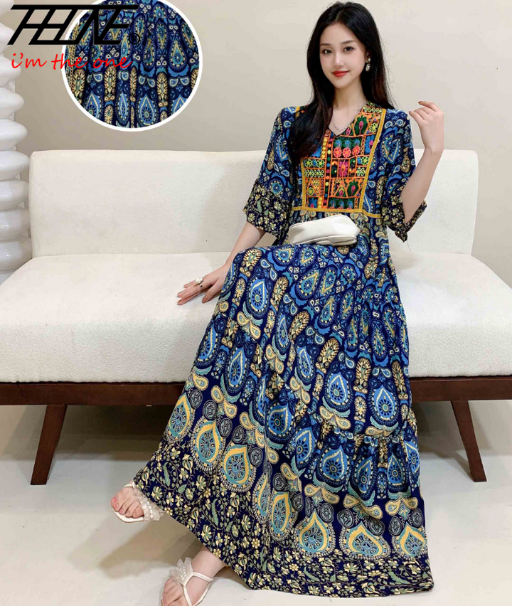 Women’s Indian Summer Dress – Embroidered Elegant Maxi Party & Beach Dress