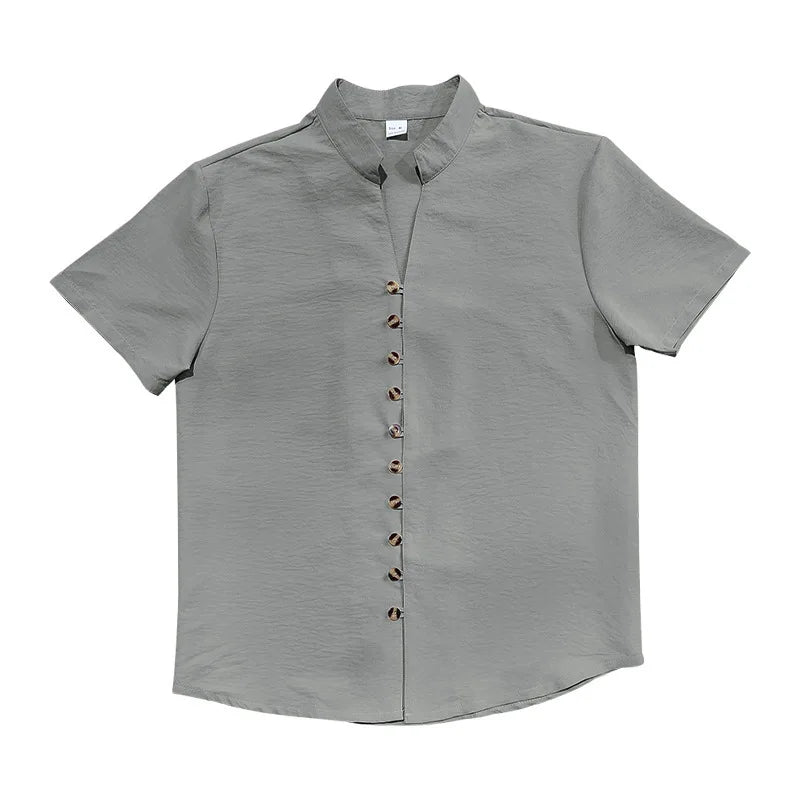 Summer New Short Sleeve Shirts for Men Fashion Solid Casual Linen Tops Breathable Stand Collar Loose Beach Blouses Men Clothing
