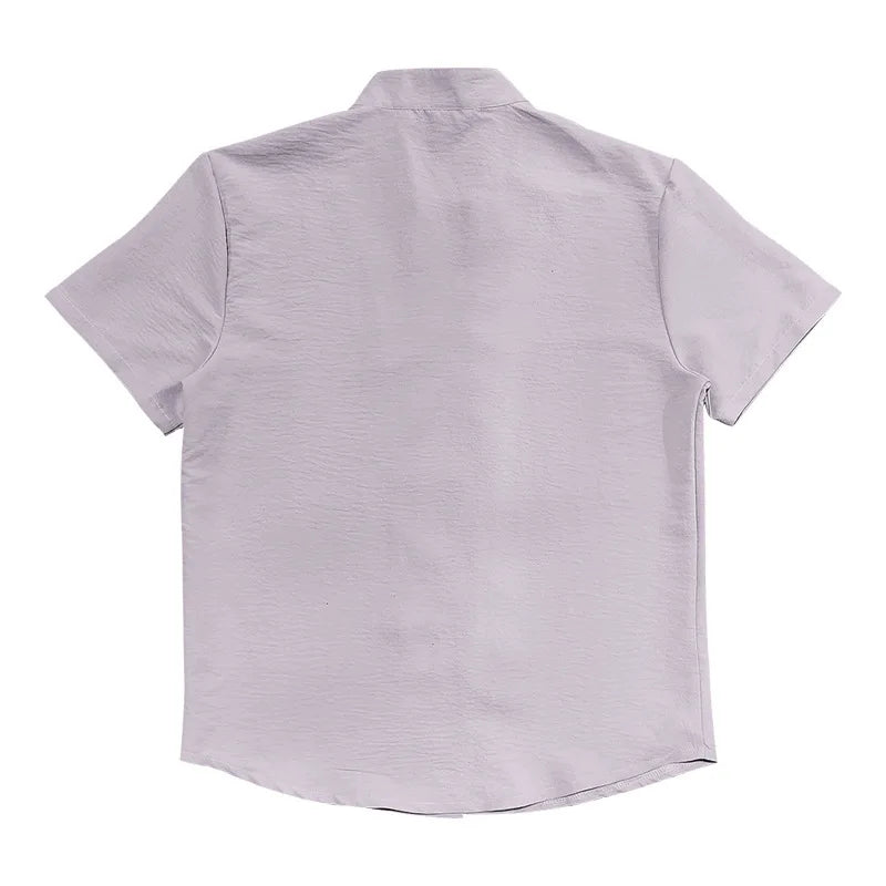 Summer New Short Sleeve Shirts for Men Fashion Solid Casual Linen Tops Breathable Stand Collar Loose Beach Blouses Men Clothing
