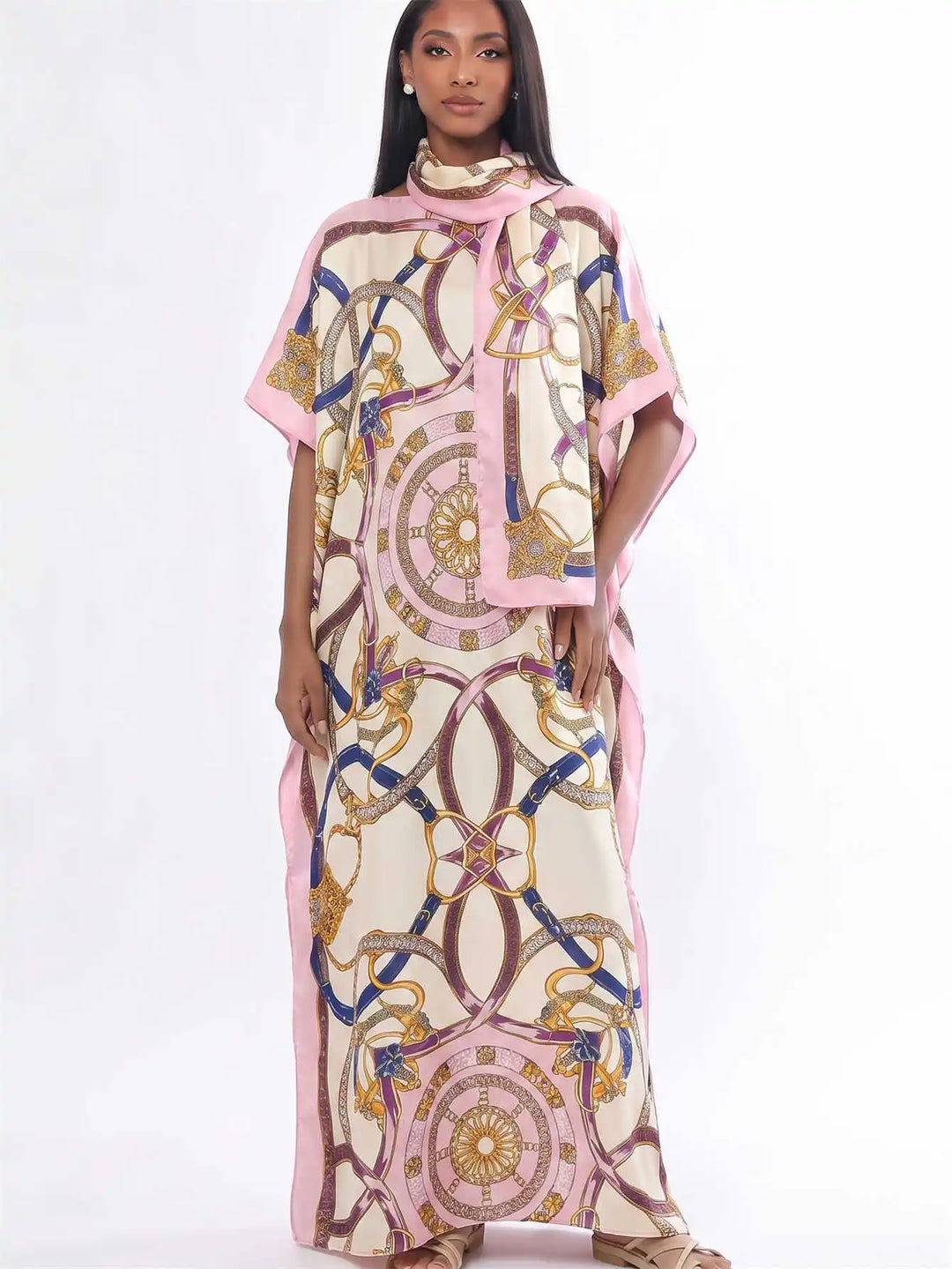 Women Muslim Kaftan Abaya With Matching Hijab Scarf Chain Print Maxi Dress Loose Batwing Sleeve Long Robe Set For Malay