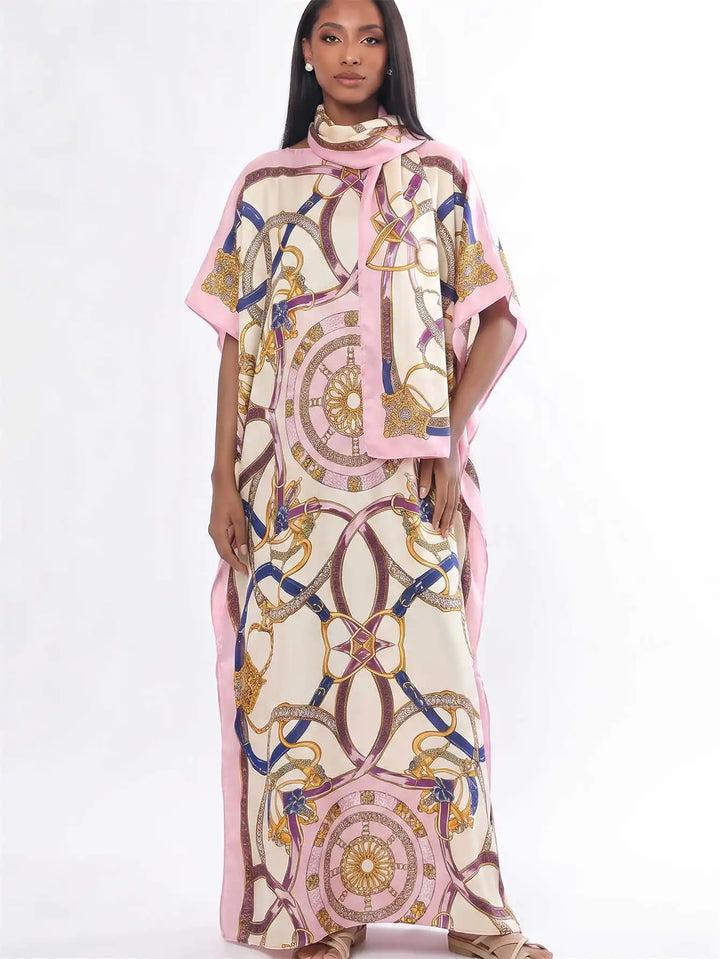 Women Muslim Kaftan Abaya With Matching Hijab Scarf Chain Print Maxi Dress Loose Batwing Sleeve Long Robe Set For Malay