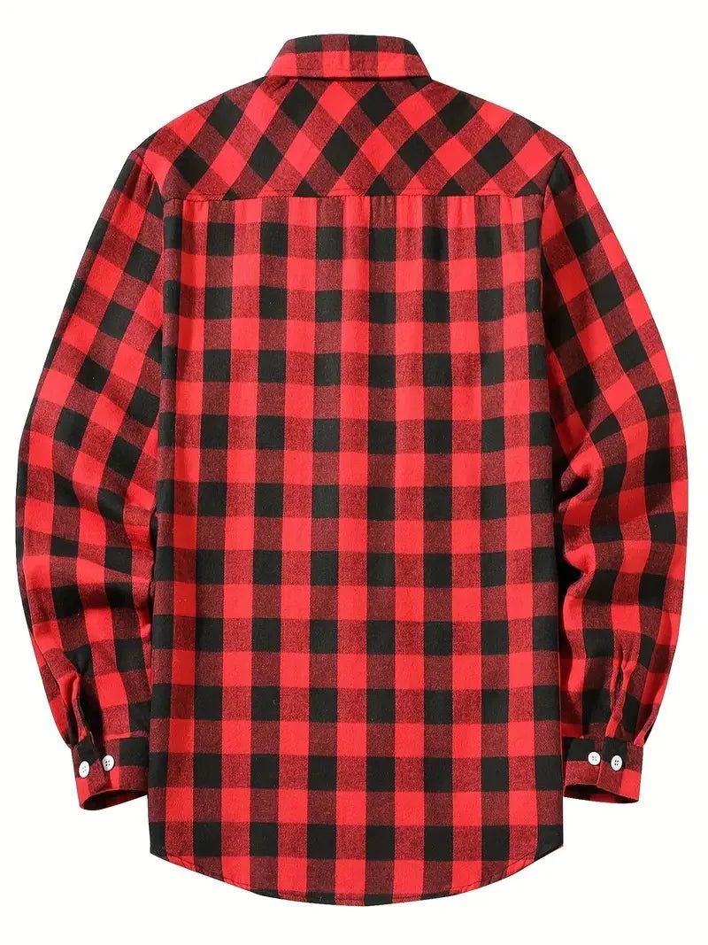 Mens Shirts Fashion Classic Plaid Cardigan Casual Shirt Long Sleeve Chest Two Pockets Turn-Down Collar Spring Autumn Men Tops