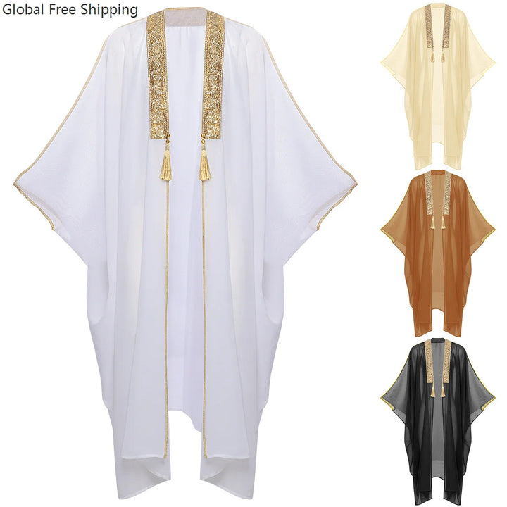 Men's Muslim Kimono-style Chiffon Robe Turkish Arabic Islamic Men's Muslim Robe Cosplay Ramadan Embroidered Robe Prayer Garment