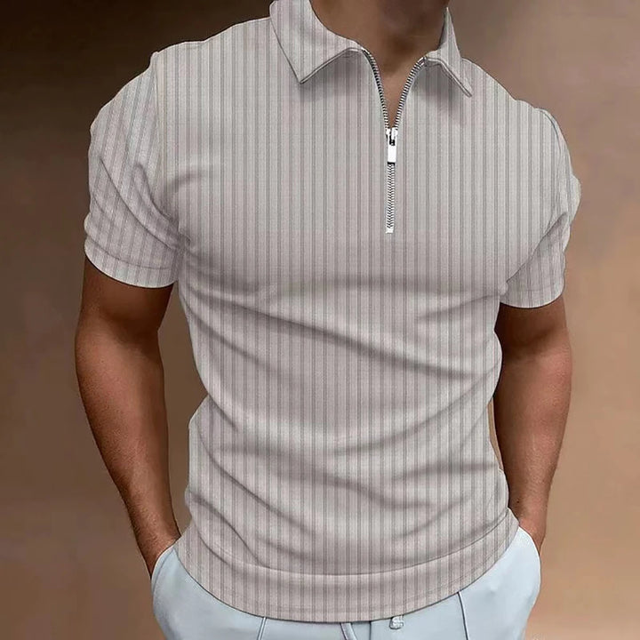 Men Striped Golf Shirt with Quarter Zipper Lapel Casual Holiday Short-Sleeved T-Shirt Fashionable Basic Style Regular Fit Shirt