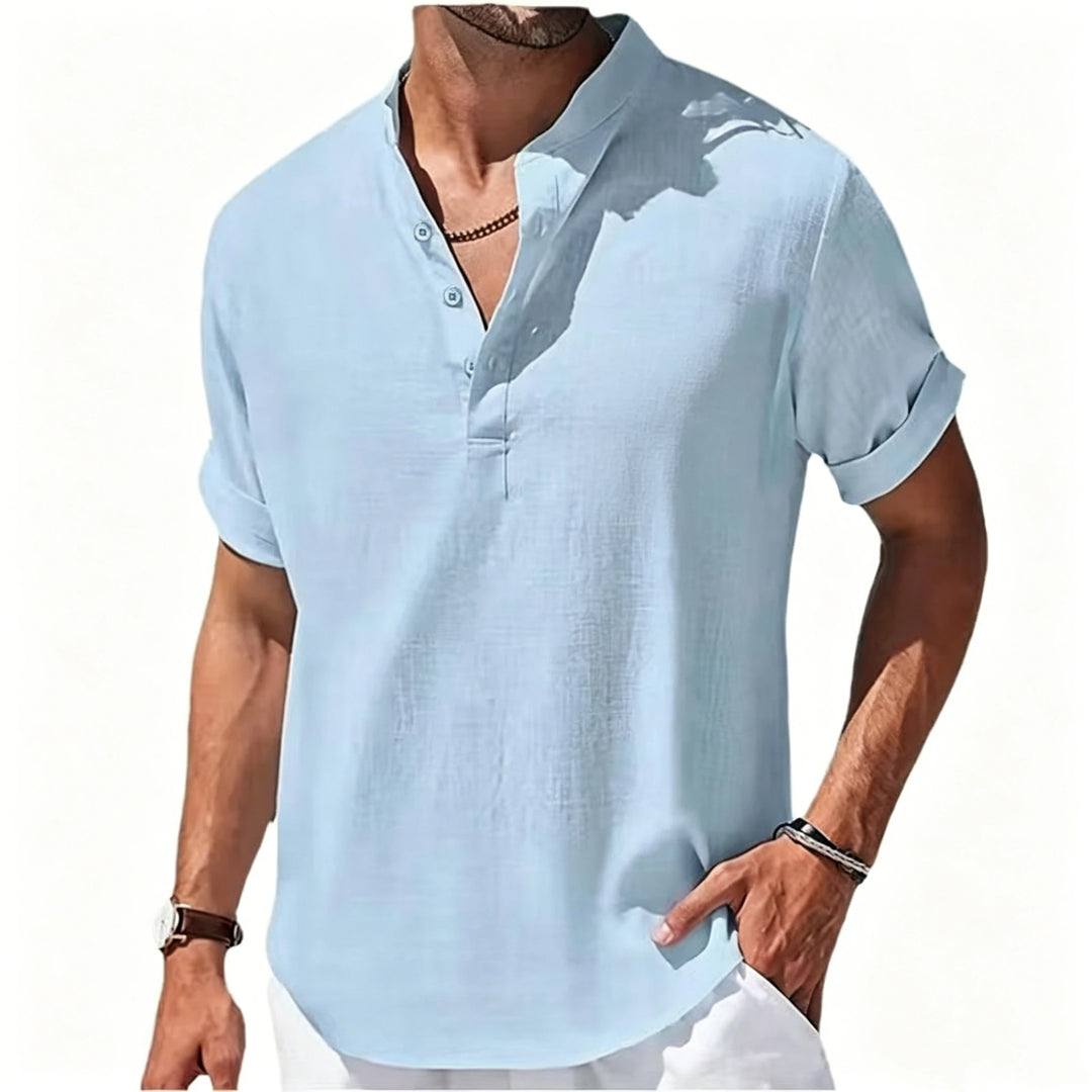 Summer Men's Short Sleeve Shirts Solid Color Stand Up Collar T Shirts Loose Casual Beach Shirt Breathable Male Linen Tops