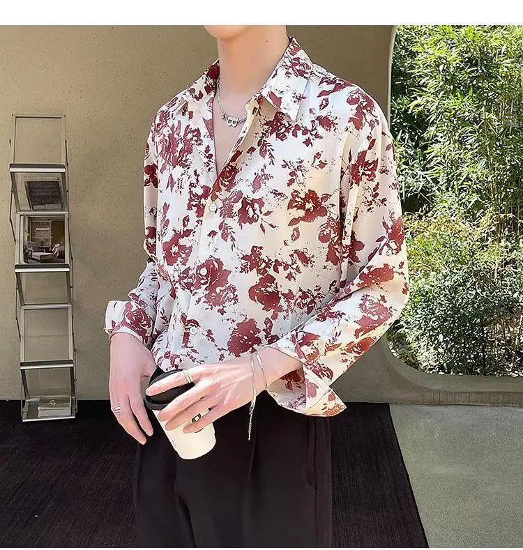 Men's Floral Shirt Men's Style New Long-sleeved Spring Autumn High-end Ice Silk Casual Loose