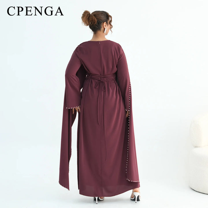 Luxury Dubai Shawl Abaya Elegant Beaded Waist Cinching Kaftan Muslim Women Traditional Dress Maxi Long Sleeve Robe Eid Outfit