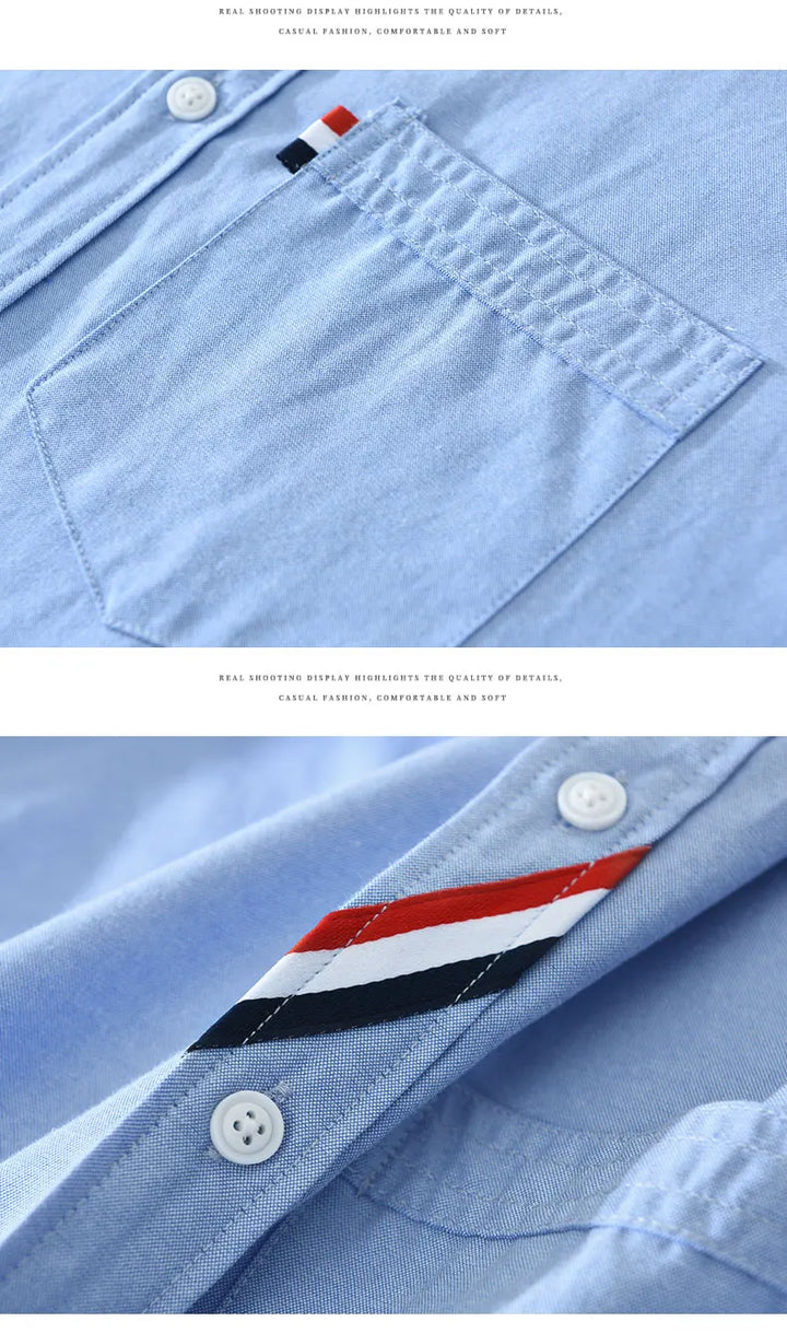 Men's 100% Cotton Short-Sleeve Shirt – Classic Turn-Down Collar, Slim Fit with Chest Pocket & Striped Detail