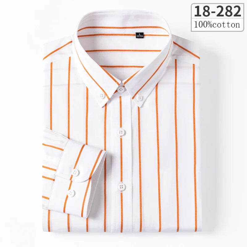 New in Shirt 100% Cotton Long-Sleeve Shirts for Men Slim Fit Plain Shirt Thin Plaid Striped Tops Fashion Elegants Office Clothes