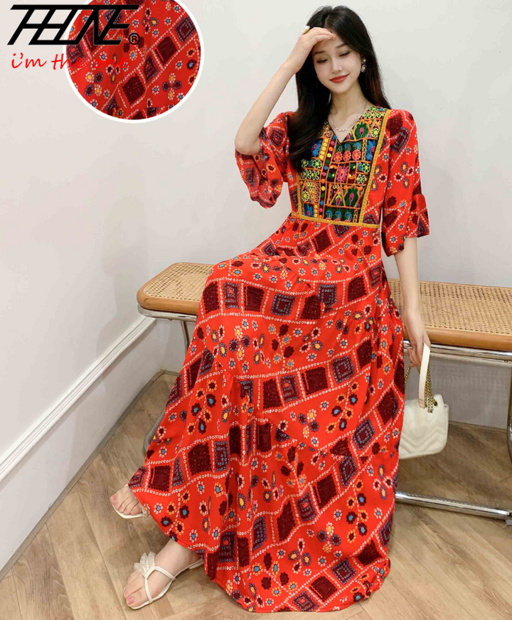 Women’s Indian Summer Dress – Embroidered Elegant Maxi Party & Beach Dress