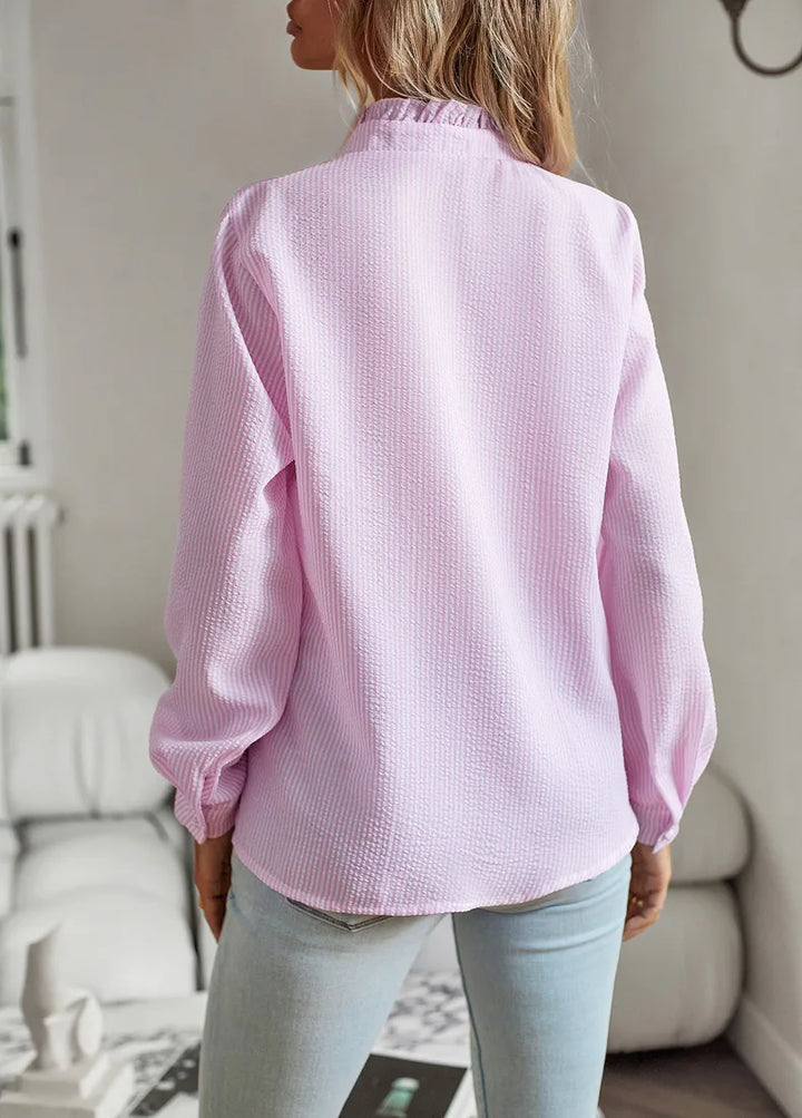 Women's Shirt Elegant Long Sleeve Ruched Stand Neck Office Lady Blouse Casual Button Shirts Harajuku Tunics Street Simple Tops