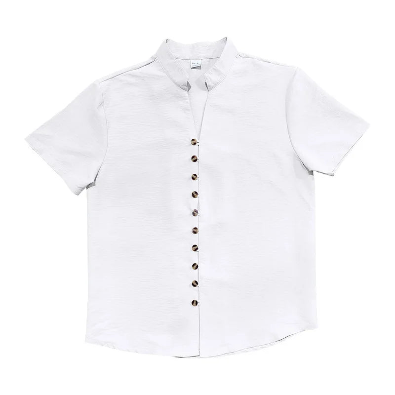 Summer New Short Sleeve Shirts for Men Fashion Solid Casual Linen Tops Breathable Stand Collar Loose Beach Blouses Men Clothing