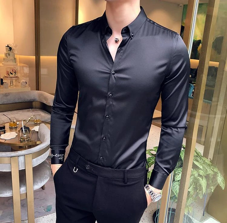 Plain Long Sleeve Shirts and Blouses for Men Business Silk Summer Button Man Tops Fashion 2025 Social High Quality Clothing S I