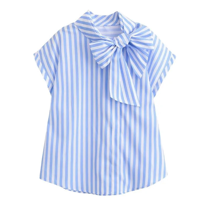Women's Striped Shirts 2026 Summer Fashion High Neck With Bow Short Sleeve Blouses Casual Female Loose Buttons Tops