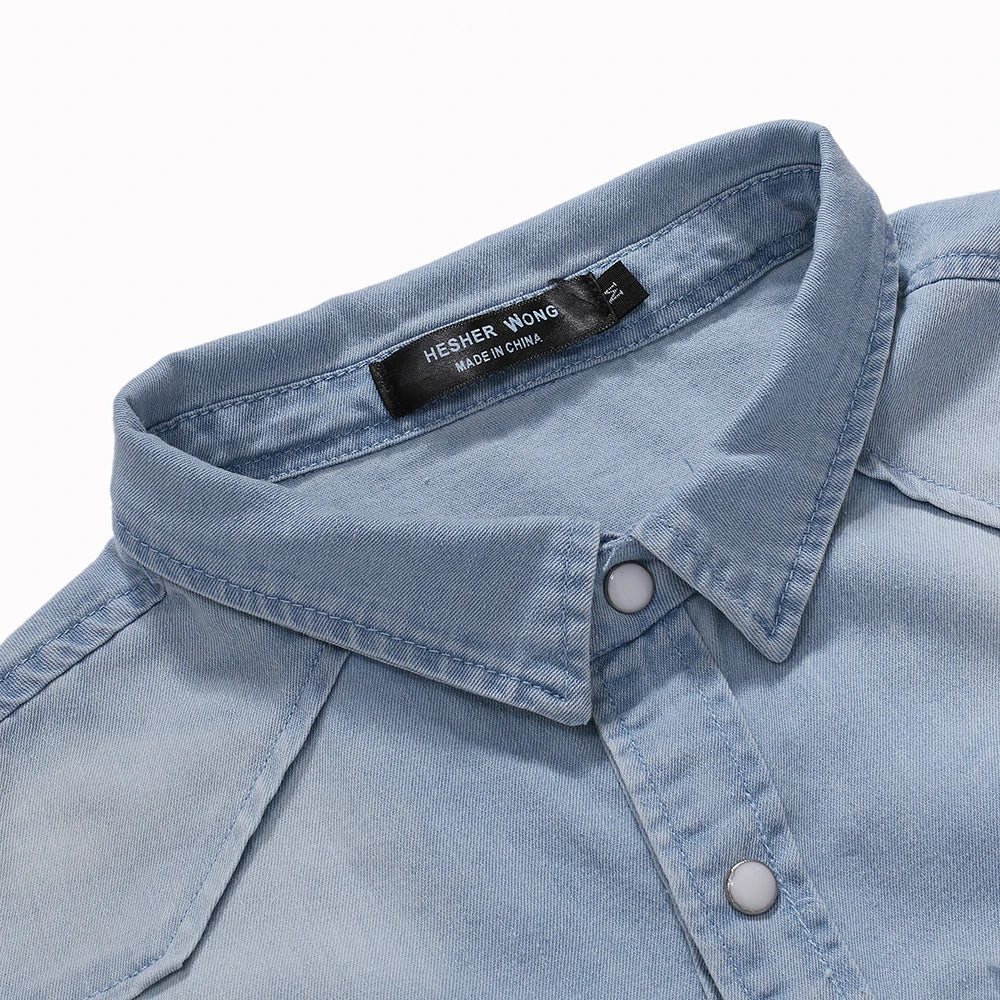 Men Denim Shirts Tops Shirt Short Sleeve Button Turn Down Collar Single Breasted Slim Fit Solid Simple Casual Splice Top 2024