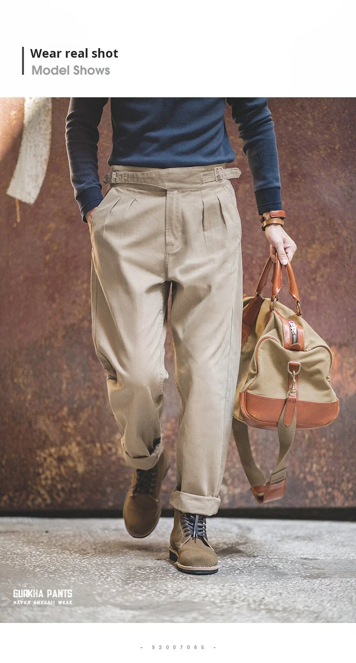 Maden Vintage Adjustable High Waist Gurkha Pants Khaki Casual Cargo Work Pants Classic Straight Trousers for Men's Spring Fall