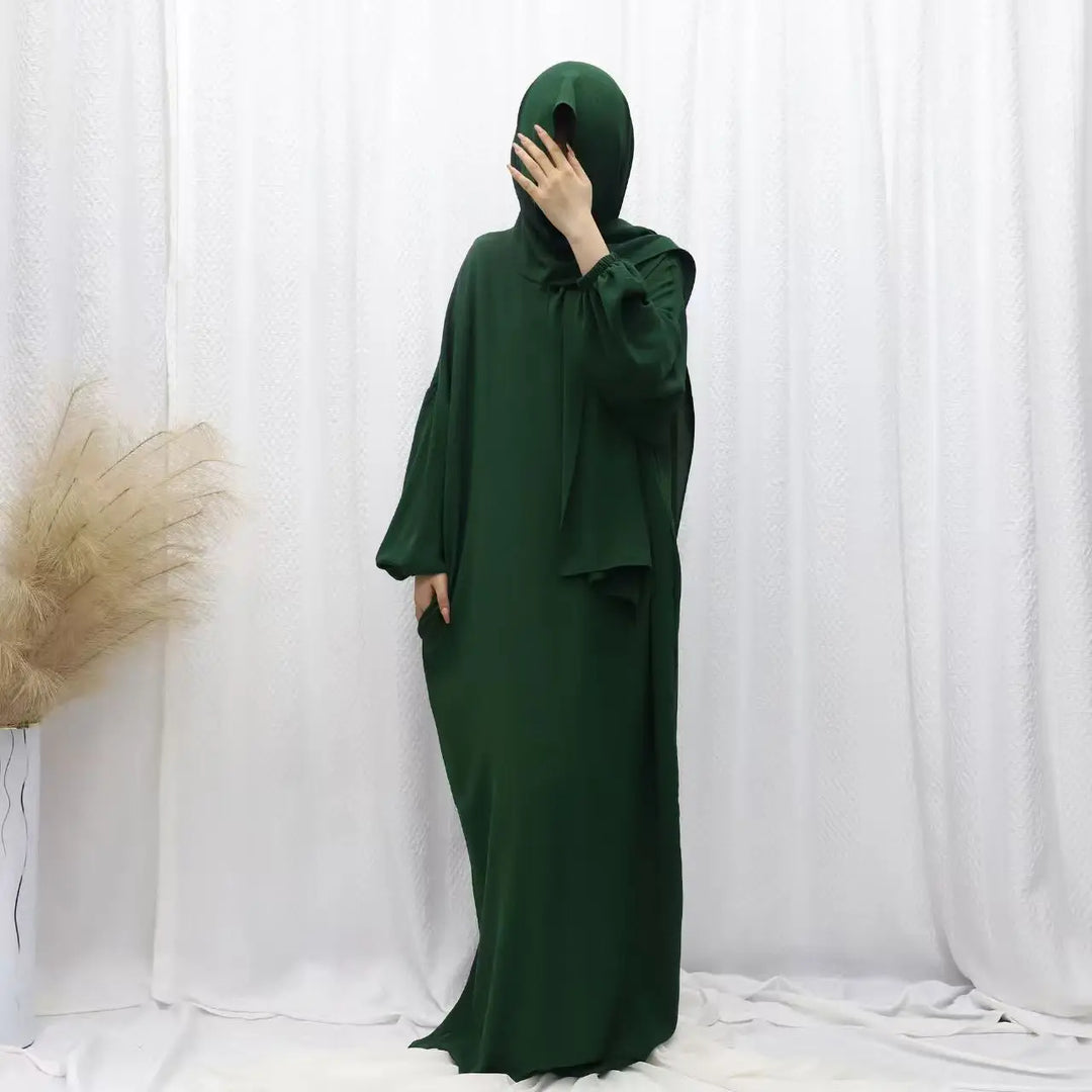 Abaya Dubai with Integrated Hijab Scarf Muslim Dress Women Zipper Front Side Pockets Islamic Clothing Modest Turkish Gown Casual