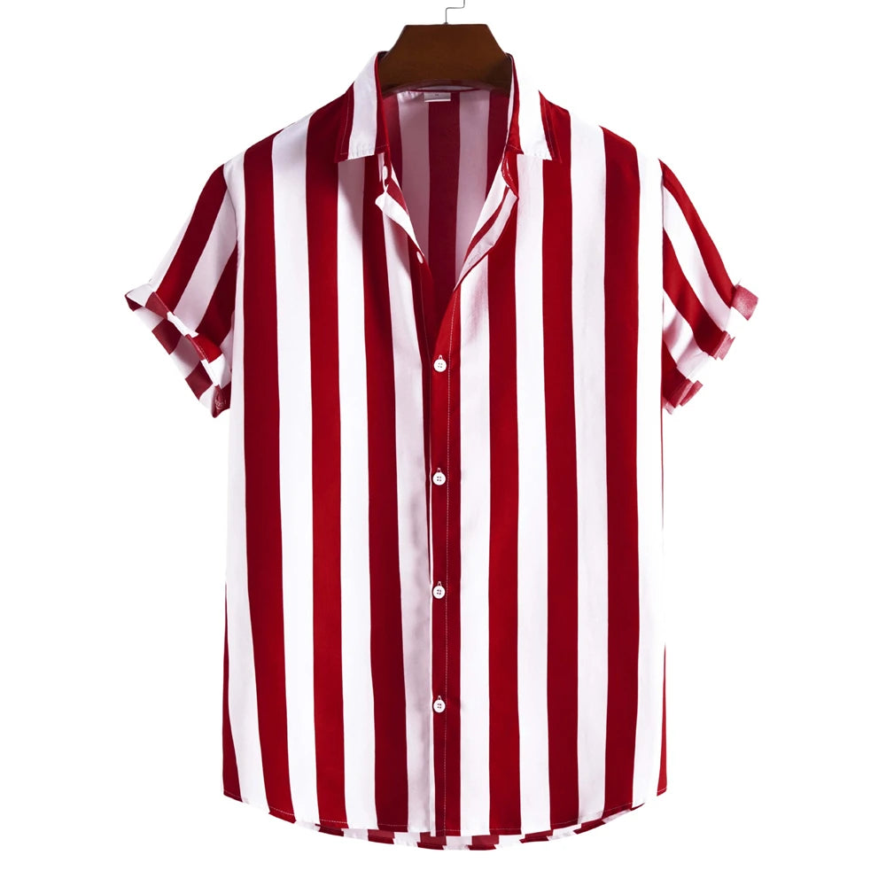 Men's Shirts Striped Shirts 3D Hawaiian Button Short Sleeve Plaid Red Top Beach Wear Black and White Shirt Men's Clothing