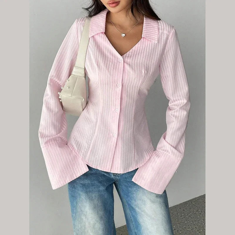 Pink Striped Shirt Women Sexy Turn Down Collar Spring Autumn Chic Blouse Fall Fashion Long Sleeve Single Breasted Slim Tops New