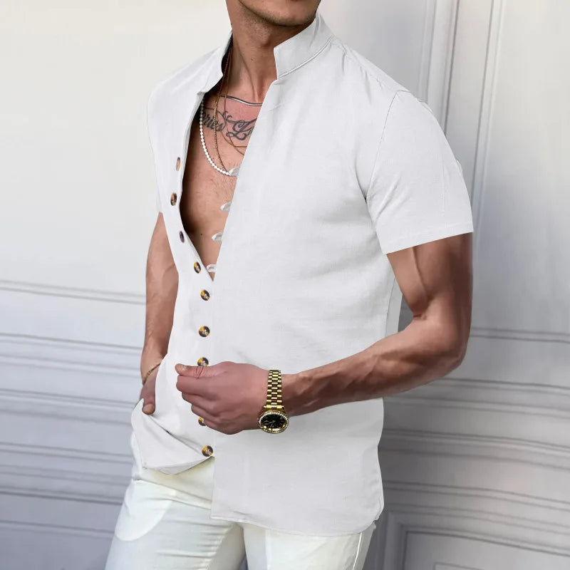 Summer New Short Sleeve Shirts for Men Fashion Solid Casual Linen Tops Breathable Stand Collar Loose Beach Blouses Men Clothing