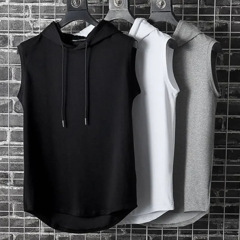 Men Tie Collar Hooded Sleeveless Vests Male Summer Loose Solid Hip Hop Tee Shirt Tops