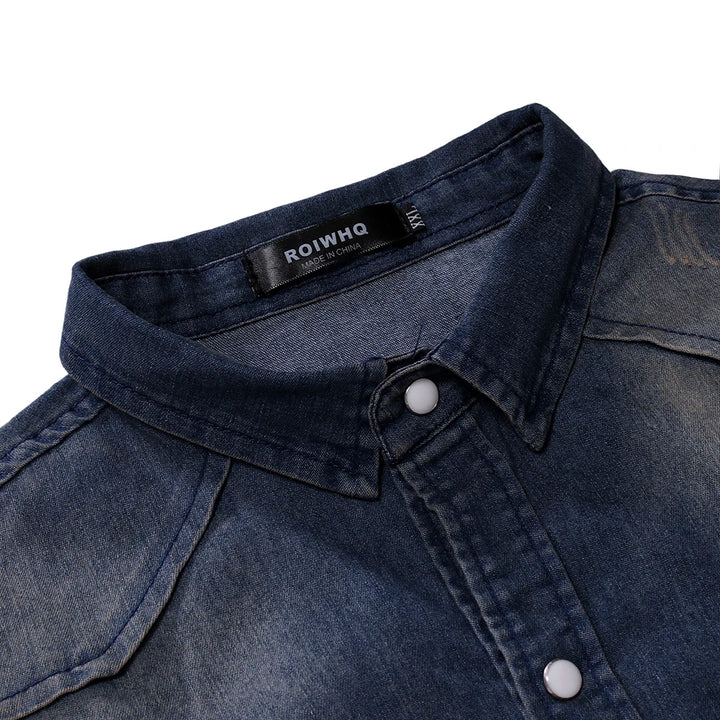 Men Denim Shirts Tops Shirt Short Sleeve Button Turn Down Collar Single Breasted Slim Fit Solid Simple Casual Splice Top 2024