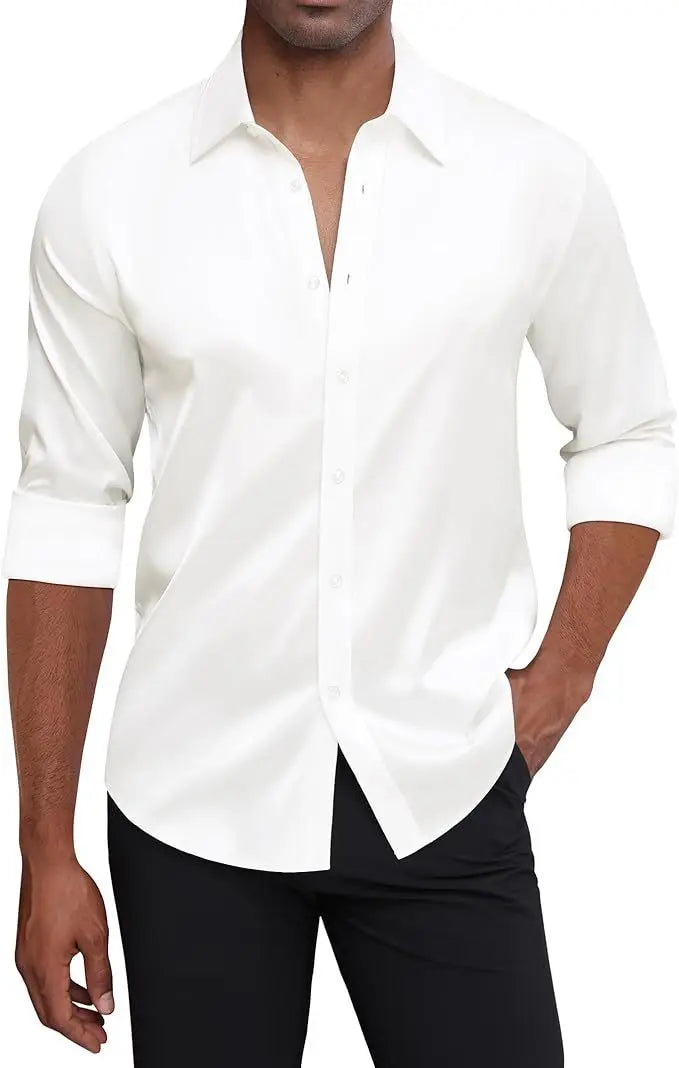 High-end Satin Shirts for Men Fashion Long Sleeved Solid Dress Shirts Men's Business Social Non-ironing Wrinkle-resistant Shirts