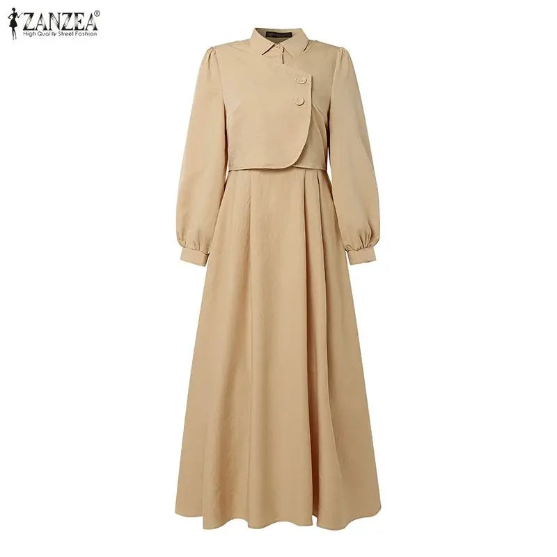 ZANZEA Ramadan Robe Fashion Muslim Dresses Women Elegant Long Sleeve Pleated Sundress Dubai Abaya Casual Kaftan Fake 2 Pieces