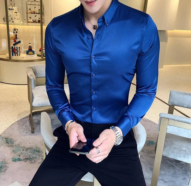 Plain Long Sleeve Shirts and Blouses for Men Business Silk Summer Button Man Tops Fashion 2025 Social High Quality Clothing S I