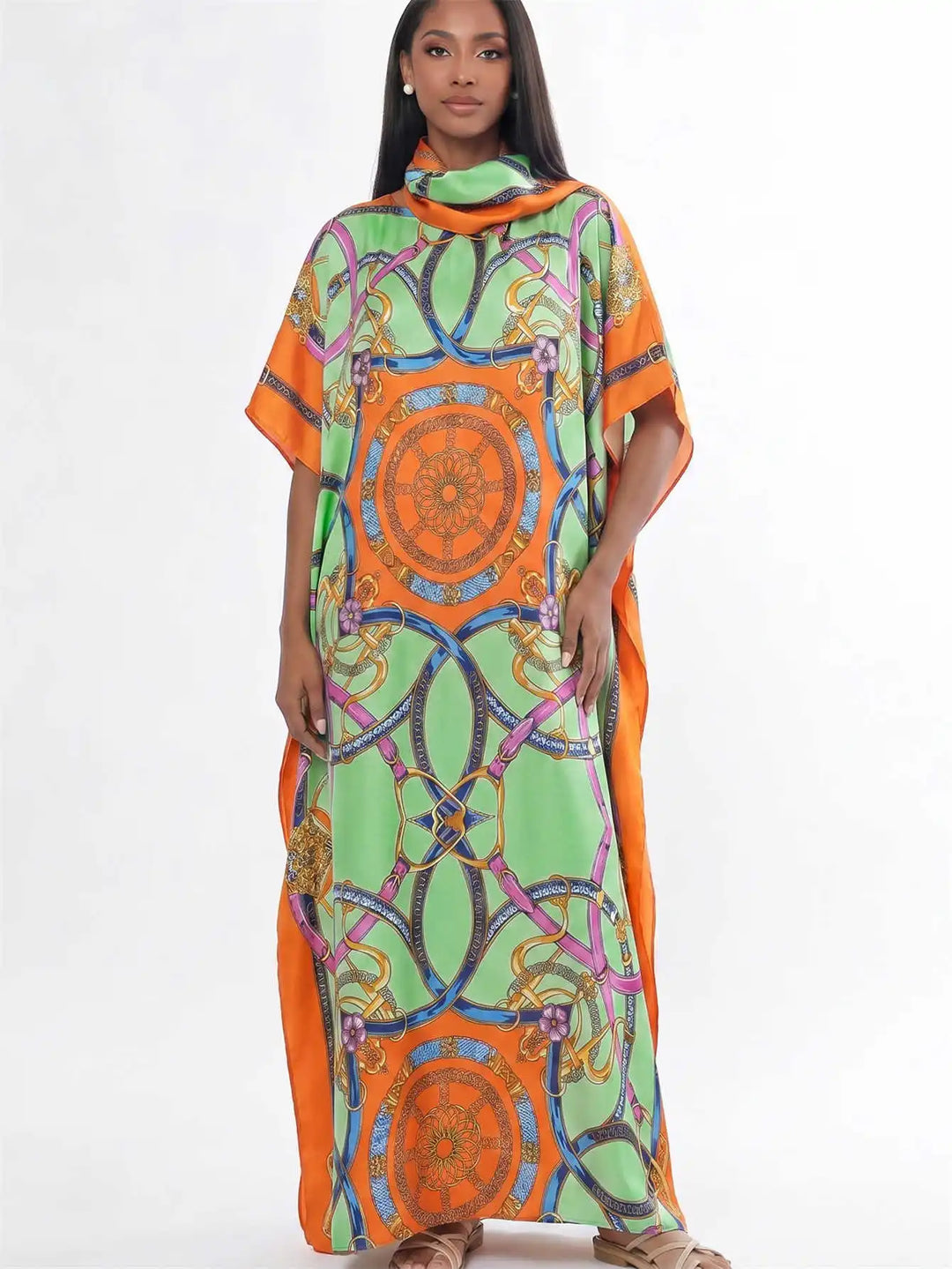 Women Muslim Kaftan Abaya With Matching Hijab Scarf Chain Print Maxi Dress Loose Batwing Sleeve Long Robe Set For Malay