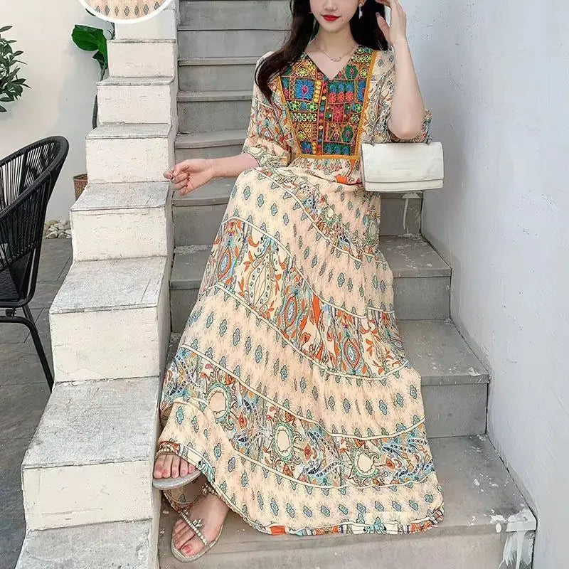 Women’s Indian Summer Dress – Embroidered Elegant Maxi Party & Beach Dress
