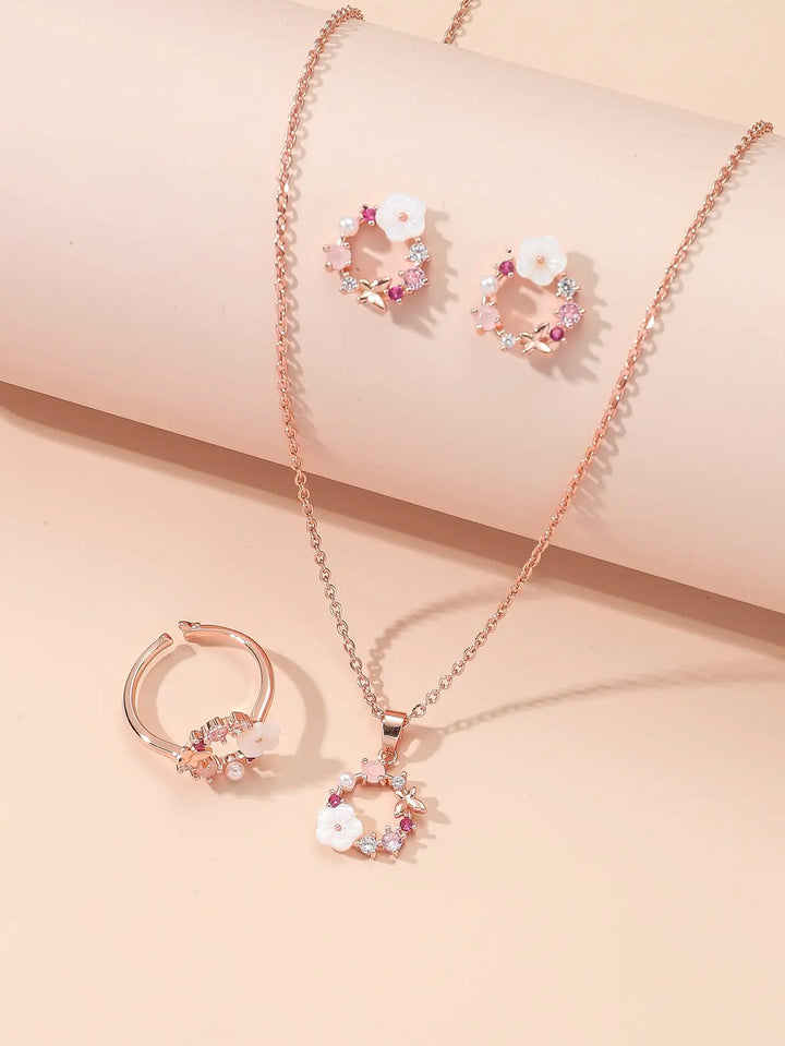 Women’s Rose Gold Flower Jewelry Set – Necklace, Ring & Earrings