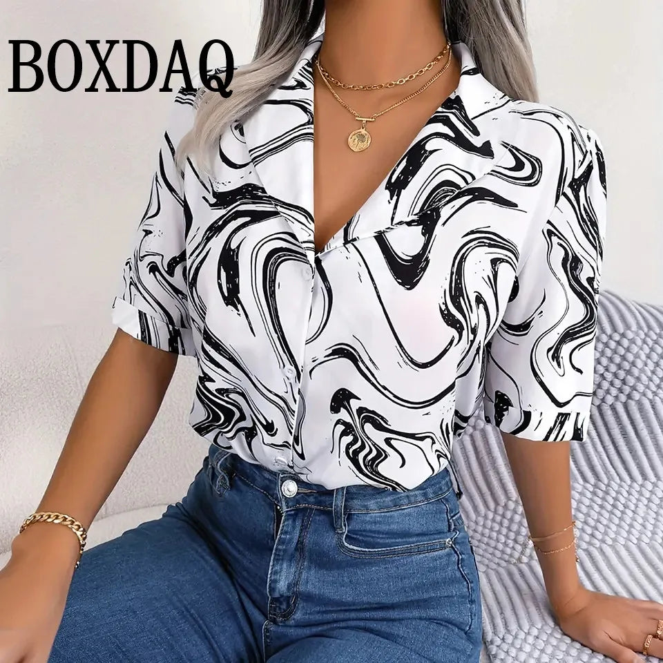 Shirt Fashion Color Matching Printed V-Neck Shirt Ladies Casual Elegant Women Blouse Summer Ladies Hawaiian Vacation Shirts 2025